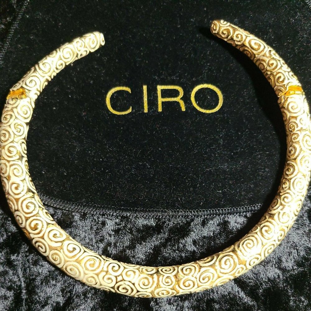 Ciro Gold Tone and Bone Enamel Scroll Collar Choker Necklace NEW